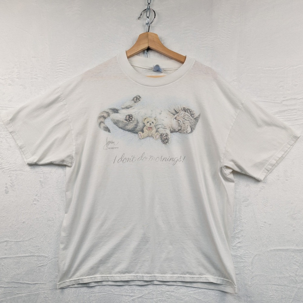 VTG T-Shirt Mens XL White I Don't Do Mornings Cat Animal Single Stitch Funny 90s